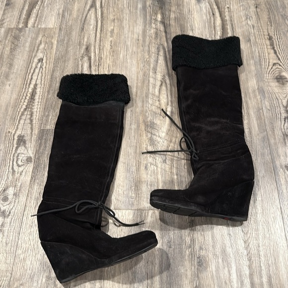 Prada Sport Black Suede Wedge Tall Shearling Leather Boots Size 38 - Picture 2 of 14